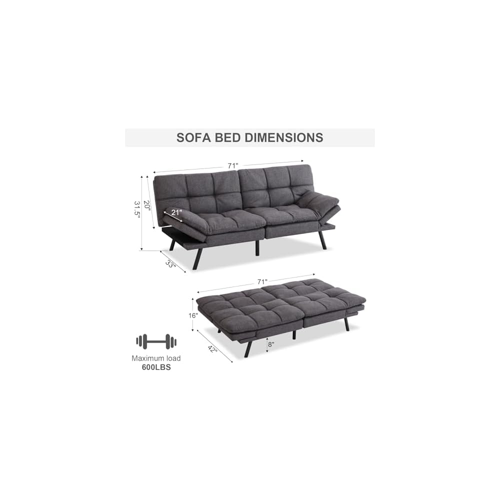 MUUEGM 71'' Futon Sofa Bed Couch, Convertible Futon Sofa Couch, Fabric Futon Couch with Adjustable Backrest, Modern Sofa Bed for Living Room, Apartment, Office, Small Room (Grey)