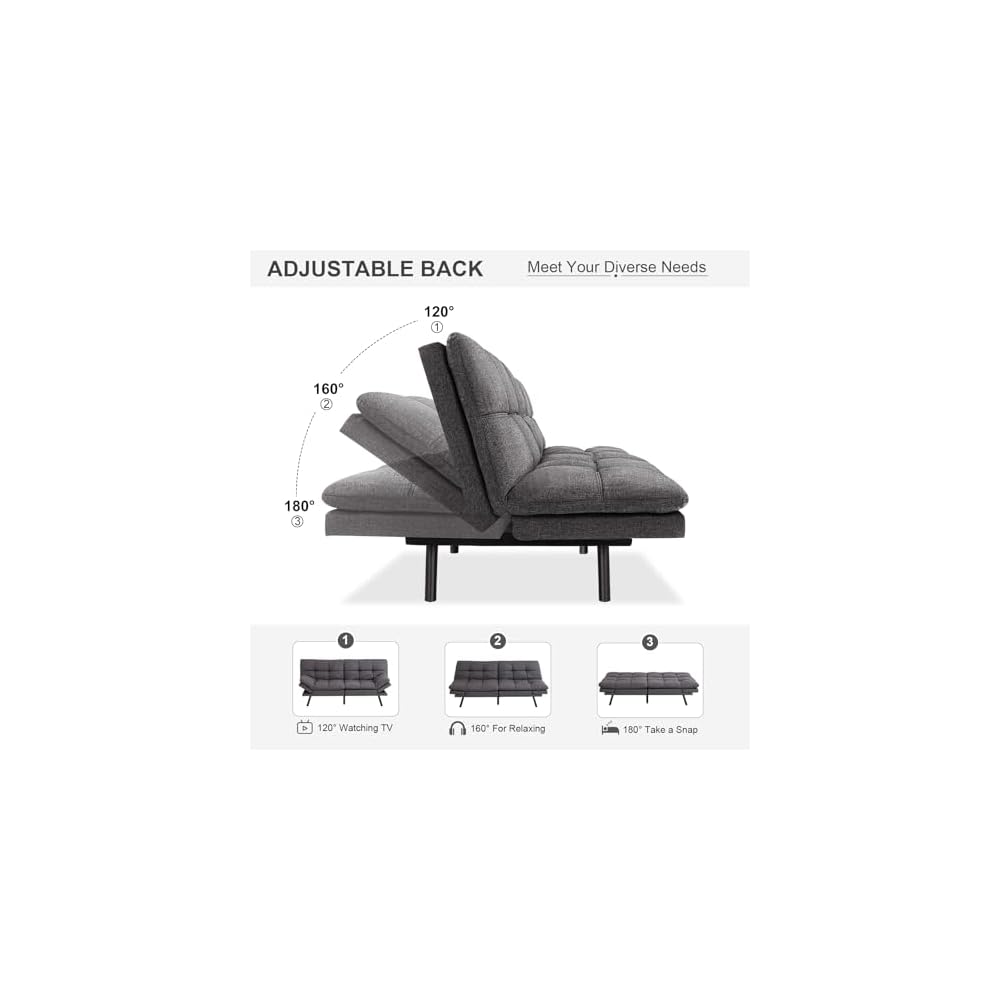 MUUEGM 71'' Futon Sofa Bed Couch, Convertible Futon Sofa Couch, Fabric Futon Couch with Adjustable Backrest, Modern Sofa Bed for Living Room, Apartment, Office, Small Room (Grey)