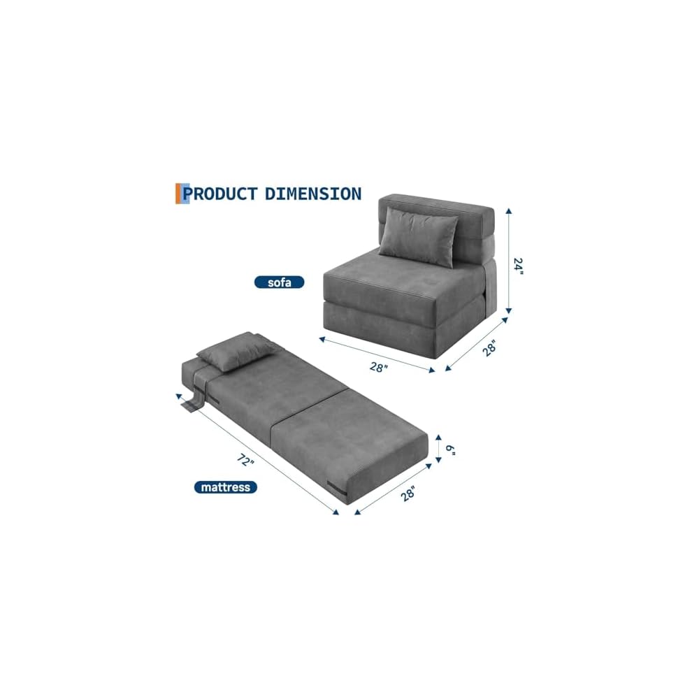 73" Folding Sofa Bed Sleeper Chair, Convertible Futon Couch with Pillow, Single Size Foldable Mattress for Living Room, Dorm, Apartment & Home Office, Modern Linen Fabric,Small