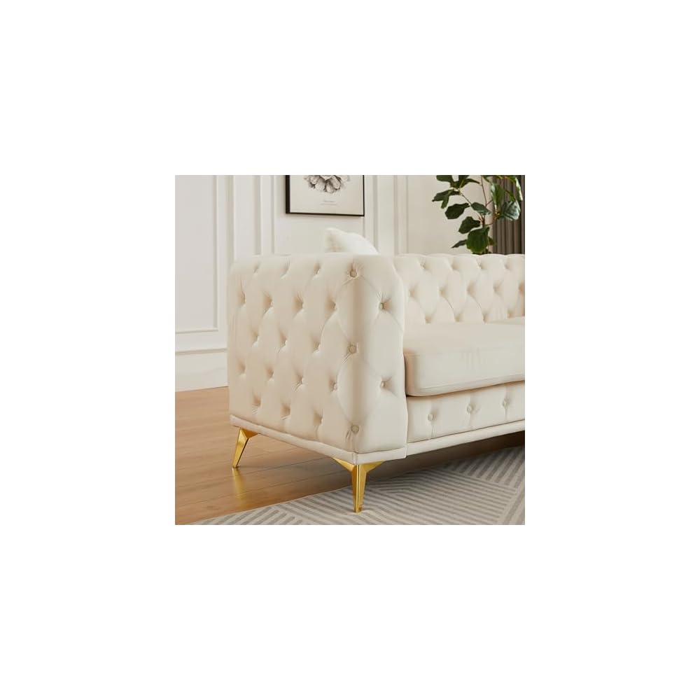 KEIKI 83" Luxury Oversized Velvet Chesterfield Sofa with 2 Pillows, Mid-Century Style 3-Seater Tufted Buttons Couch with High-Density Foam Cushions, Easy Assembly, for Apartment, Living Room, Beige