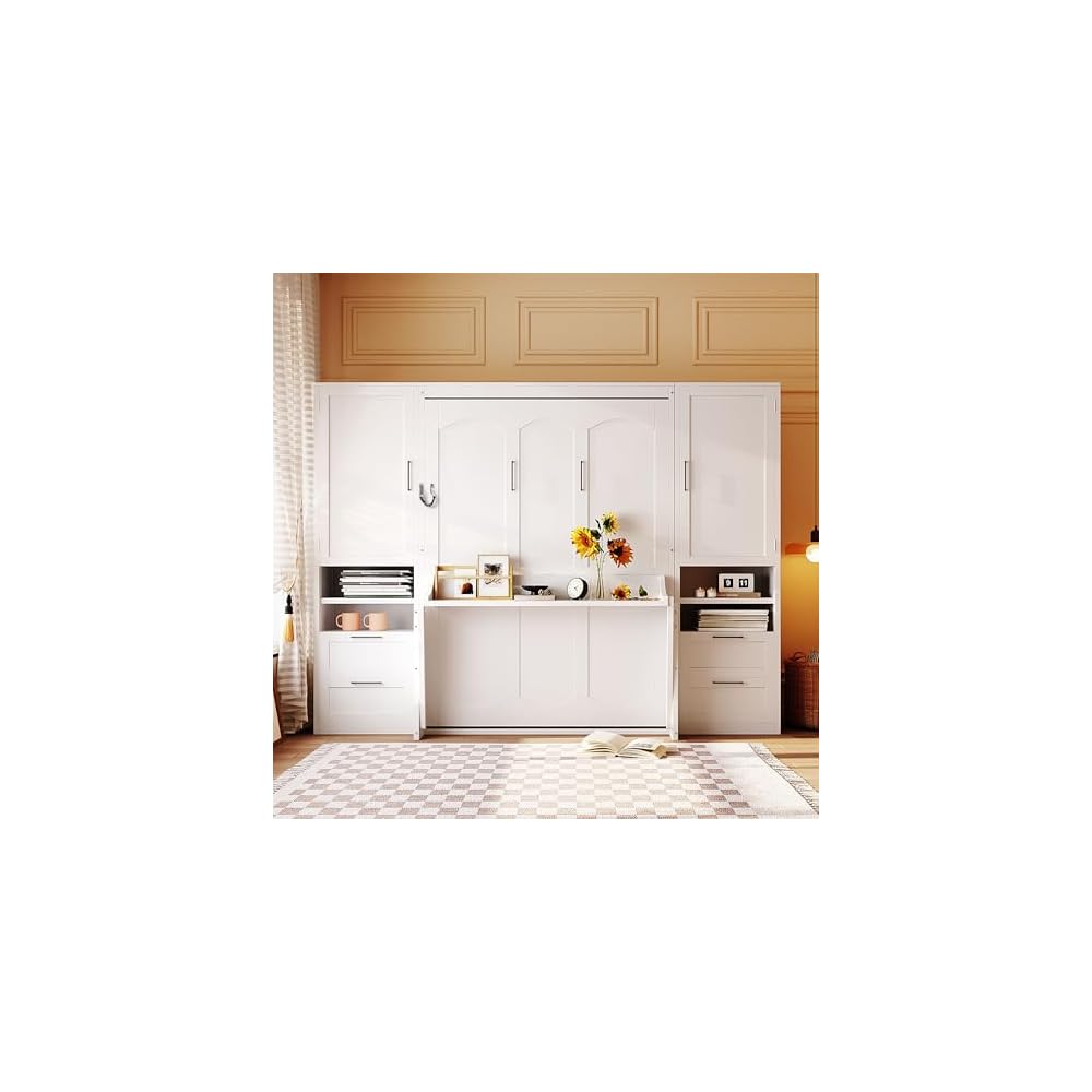 LUMISOL Full Murphy Bed with Desk, Storage Cabinet & Closet, White