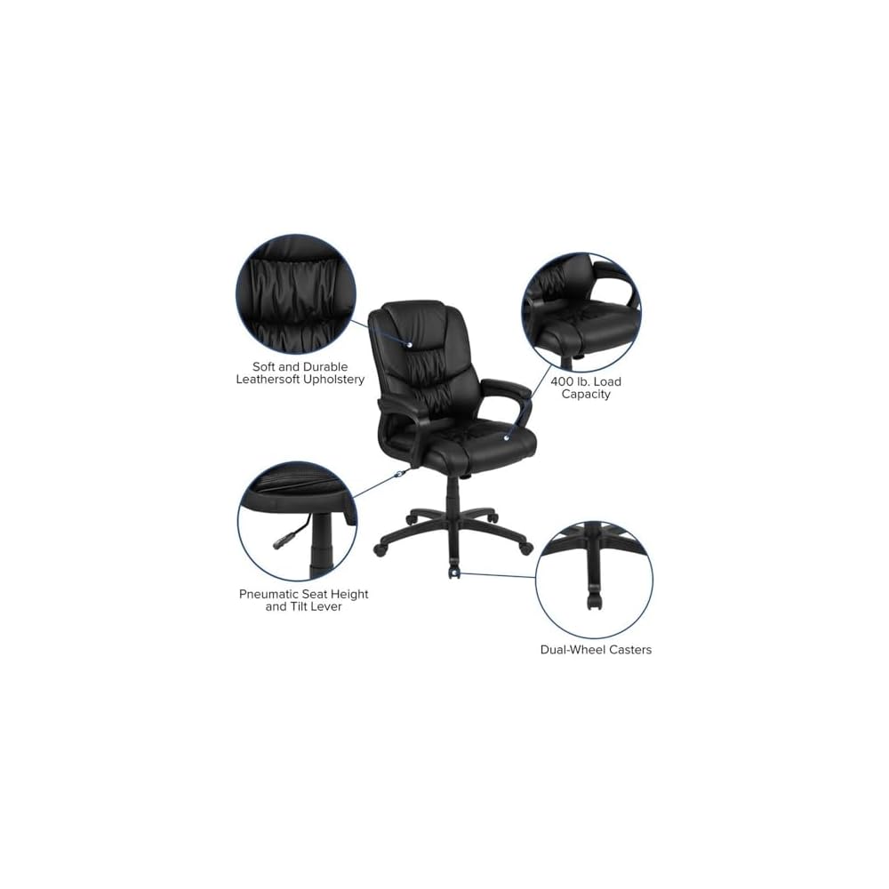 Scranton & Co Ergonomic Leather Office Chair, Black LeatherSoft Upholstery, High Back with Headrest, Padded Arms, Adjustable Height, Tilt Lock, 5-Star Base, 360° Swivel, Heavy Duty, Supports Up to