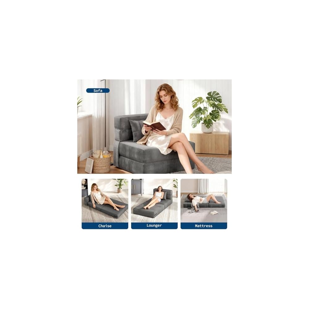 73" Folding Sofa Bed Sleeper Chair, Convertible Futon Couch with Pillow, Single Size Foldable Mattress for Living Room, Dorm, Apartment & Home Office, Modern Linen Fabric,Small
