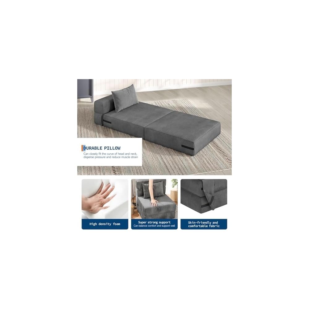 73" Folding Sofa Bed Sleeper Chair, Convertible Futon Couch with Pillow, Single Size Foldable Mattress for Living Room, Dorm, Apartment & Home Office, Modern Linen Fabric,Small