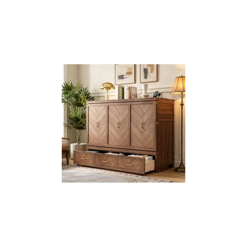 Bellemave Queen Size Murphy Bed with Charging Station and Storage, Farmhouse Murphy Bed with Foldable Panel for Guest Bedroom, Living Room, Office, Light Walnut