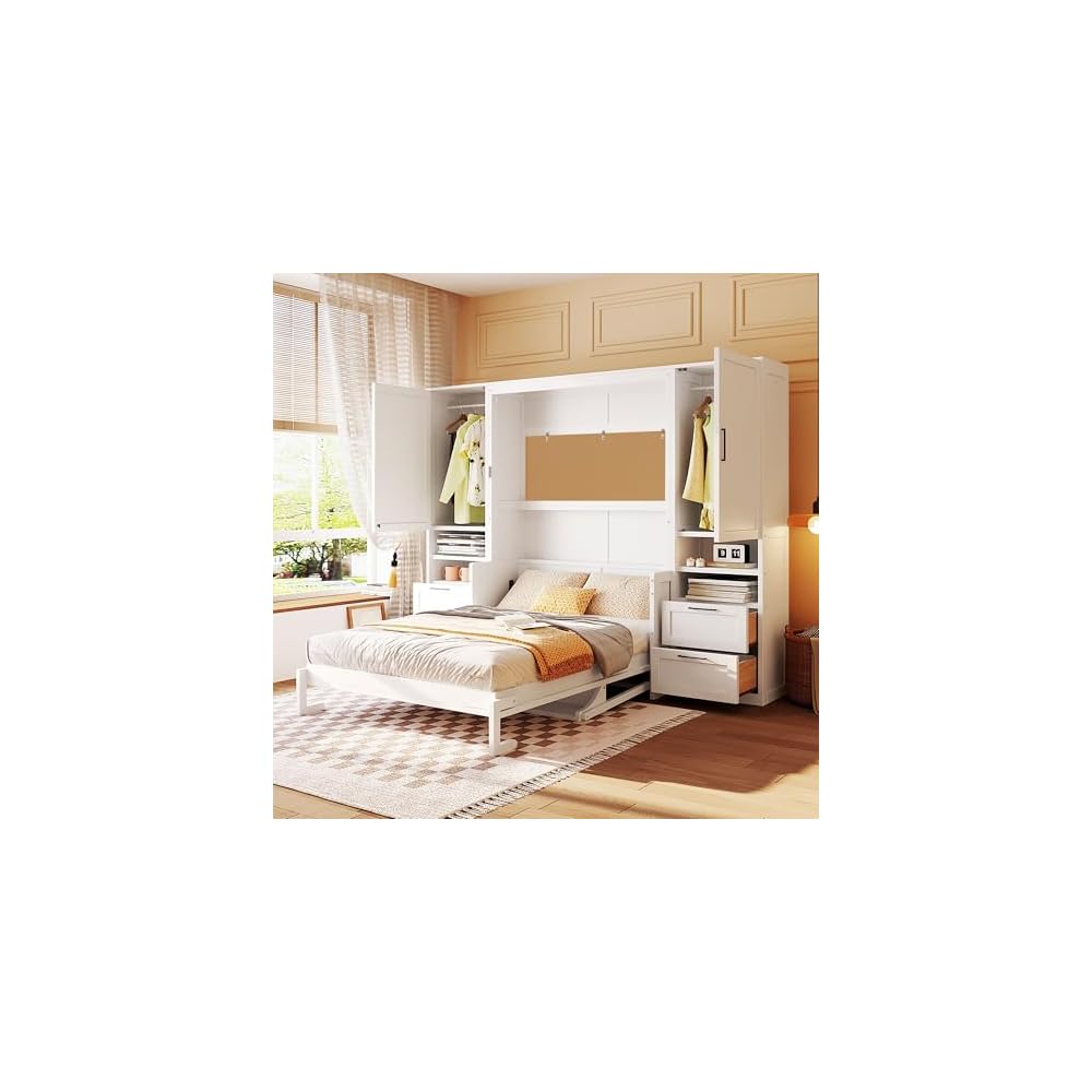 LUMISOL Full Murphy Bed with Desk, Storage Cabinet & Closet, White