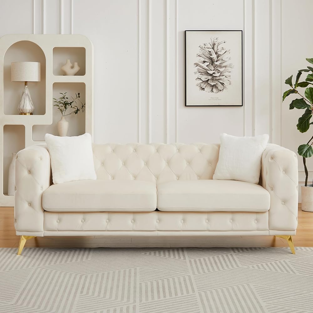 KEIKI 83" Luxury Oversized Velvet Chesterfield Sofa with 2 Pillows, Mid-Century Style 3-Seater Tufted Buttons Couch with High-Density Foam Cushions, Easy Assembly, for Apartment, Living Room, Beige