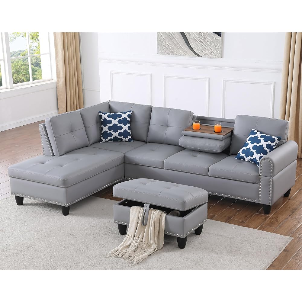 Ball & Cast 98" L Shaped Sectional Couch for Living Room with Storage Ottoman&Nailhead Trim,4 Seat Faux Leather Upholstered Modular Sectional Sofa Set 3 PCS W/Chaise&Cup Holders,for Home,Office,Gray